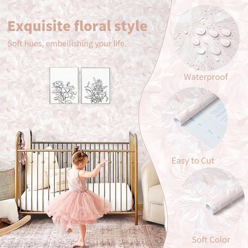 Dimoon 362"x17.3" Peel and Stick Wallpaper Pink Floral Boho Cute Contact Paper Pink Girly White Flower Wallpaper Removable Dorm Girls Wall Paper Self Adhesive Modern Kitchen Bedroom Vinyl Roll - Image 4